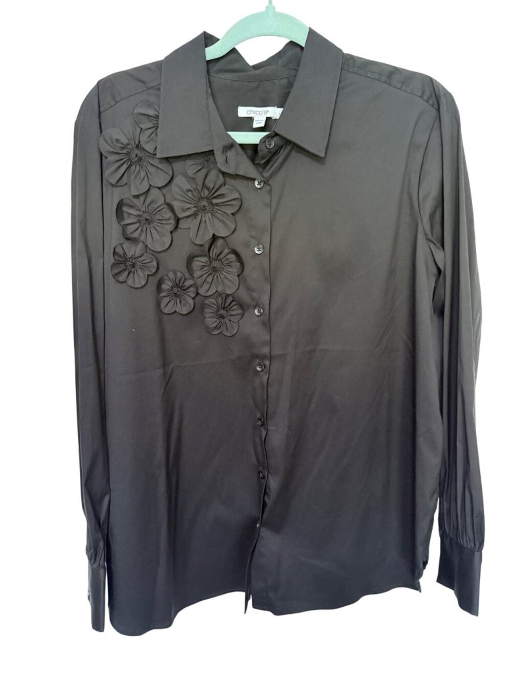 Chico's Blouse Black with Floral Applique on Front L/S Womans 3/XL